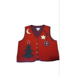 Vintage Embroidered Sweater Womens Size M Vest Christmas Plaid Button Up Fleece
